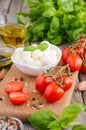 Italian food ingredients Ã¢â¬â mozzarella, tomatoes, basil and olive oil on rustic wooden background Royalty Free Stock Photo